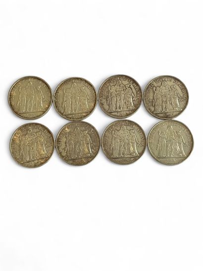 FRANCE 
Eight 10 franc silver coins, 1965.
(Soiling.)
Weight...