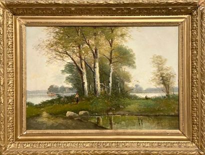 Dans le goût de l'école de Barbizon.
Paysages.
Deux...