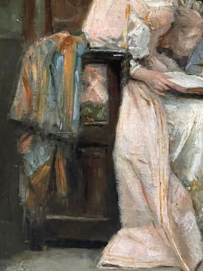 École du XIXe siècle.
La lecture au château.
Huile...