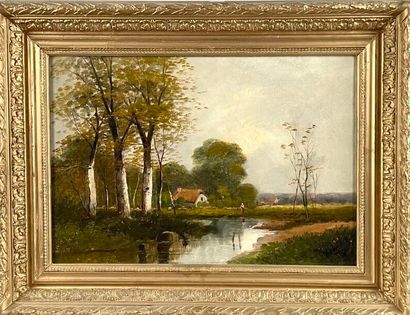 Dans le goût de l'école de Barbizon.
Paysages.
Deux...