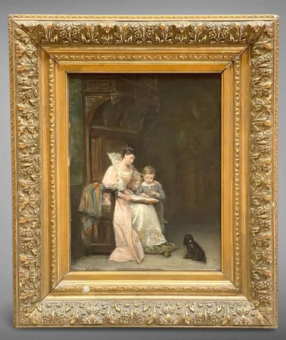 École du XIXe siècle.
La lecture au château.
Huile...