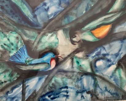 École moderne 
Les oiseaux 
Aquarelle, signée...