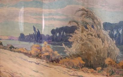 Achille PHOBRIEN (XXe siècle).
Bord de rivière.
Aquarelle,...