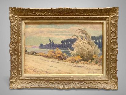 Achille PHOBRIEN (XXe siècle).
Bord de rivière.
Aquarelle,...