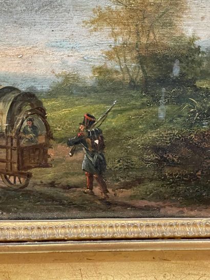 École du XIXe siècle.
Troupes en marche.
Huile...