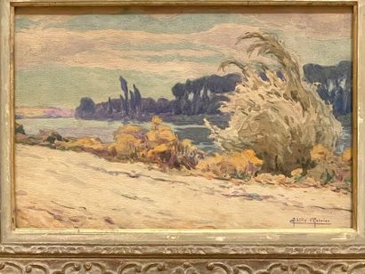 Achille PHOBRIEN (XXe siècle).
Bord de rivière.
Aquarelle,...