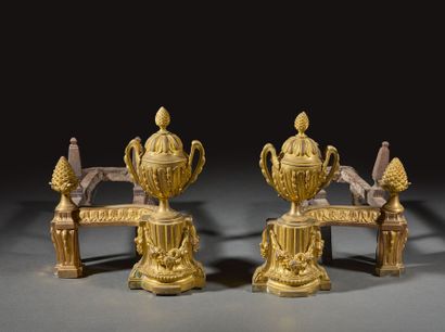 Pair of gilt bronze andirons with vases,...