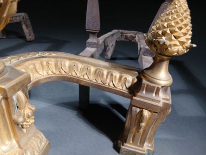 Pair of gilt bronze andirons with vases,...