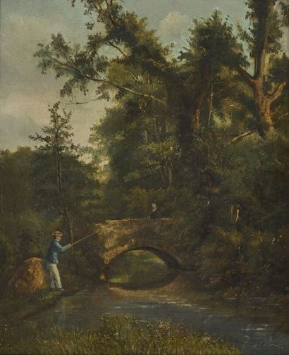 19th century school
Fisherman near a bridge
Oil...