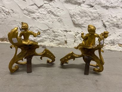 Pair of gilded bronze andirons, chiseled...