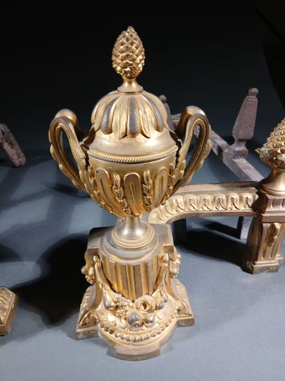 Pair of gilt bronze andirons with vases,...