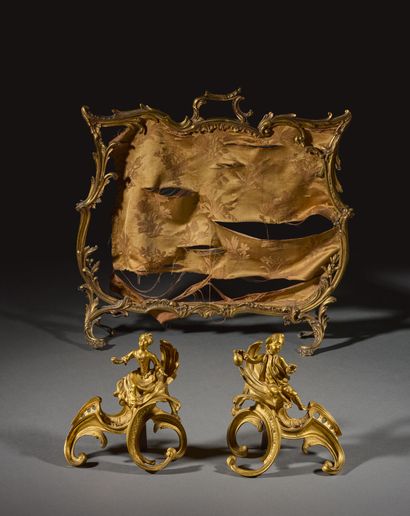 Pair of gilded bronze andirons, chiseled...