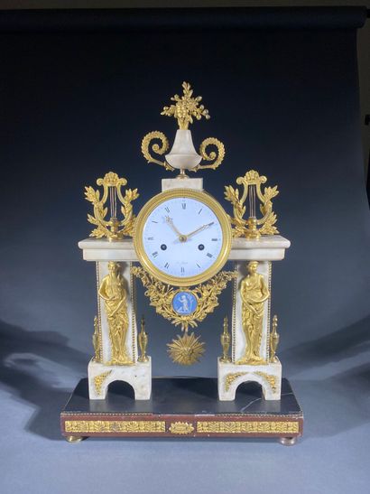 Portico clock in white and black marble with...