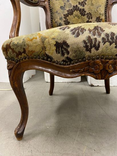 Pair of armchairs in molded and carved wood,...