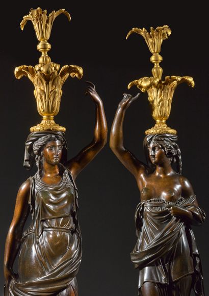 Pair of large patinated bronze and gilt bronze...