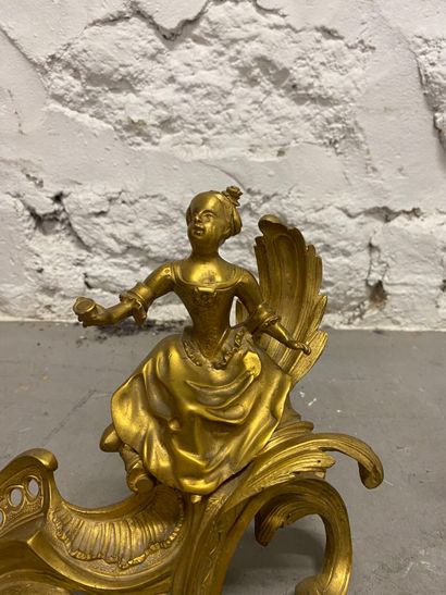Pair of gilded bronze andirons, chiseled...