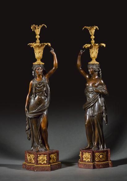Pair of large patinated bronze and gilt bronze...
