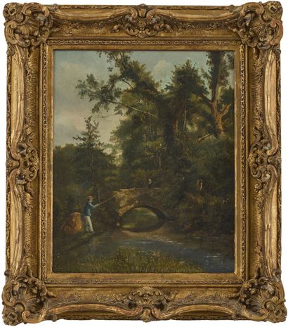 19th century school
Fisherman near a bridge
Oil...