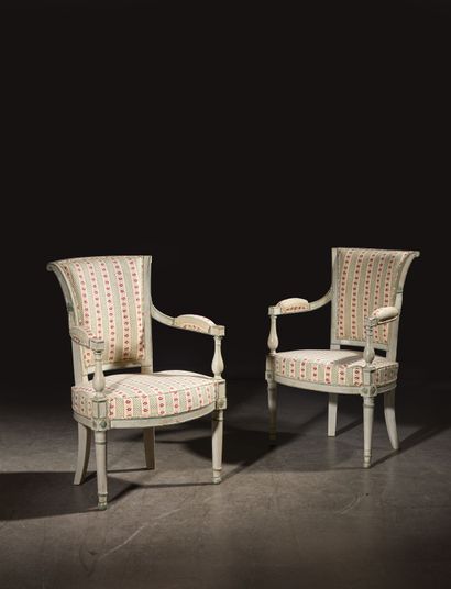 Pair of cabriolet armchairs in molded, carved,...