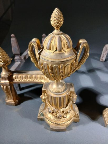 Pair of gilt bronze andirons with vases,...