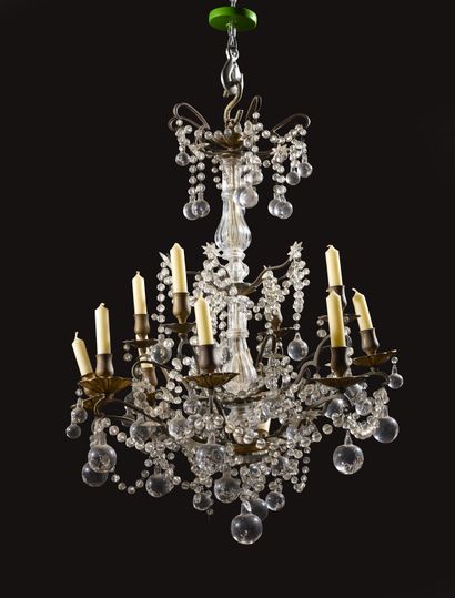 Twelve-light bronze chandelier on two rows...