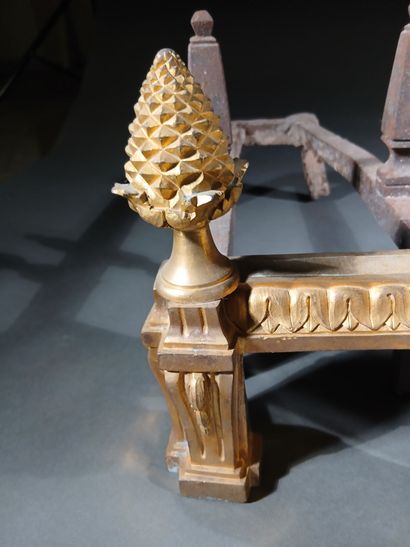 Pair of gilt bronze andirons with vases,...