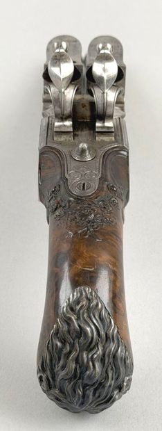 Important pistolet double à silex, aux armes...