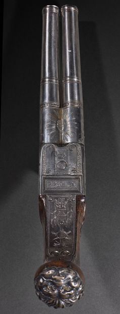 Important pistolet double à silex, aux armes...