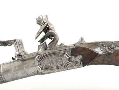 Important pistolet double à silex, aux armes...
