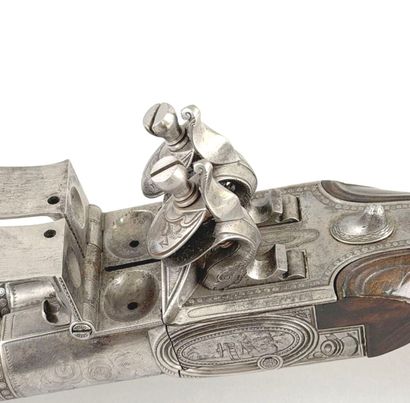 Important pistolet double à silex, aux armes...