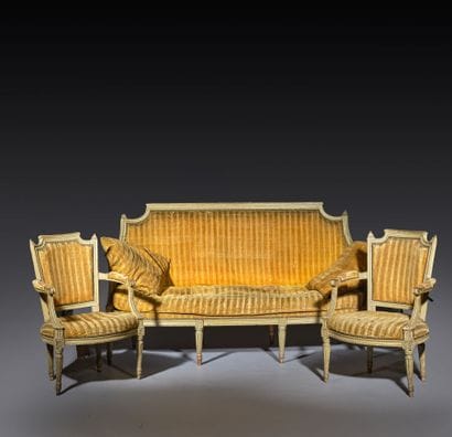 A set of six armchairs and one sofa, made...