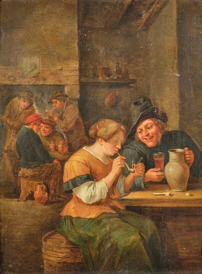 Suiveur de TENIERS 
Scène de taverne 
Panneau,...