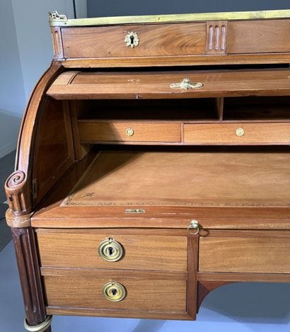 Mahogany cylinder-style secretary desk, blackened...