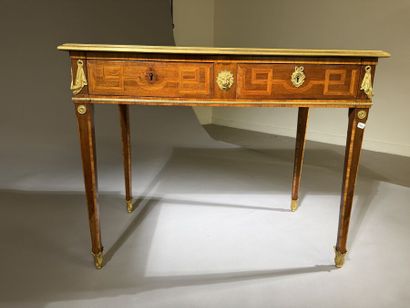 A small, flat desk made of rosewood and amaranth,...