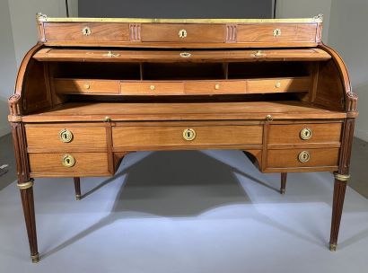 Mahogany cylinder-style secretary desk, blackened...