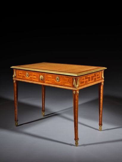 A small, flat desk made of rosewood and amaranth,...