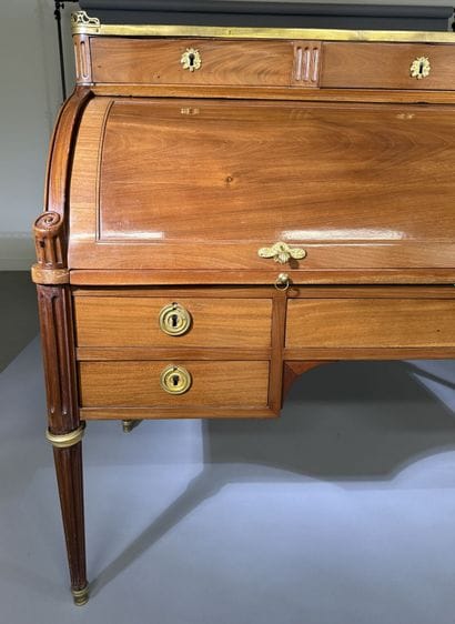 Mahogany cylinder-style secretary desk, blackened...