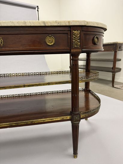 A pair of half-moon-shaped mahogany console...