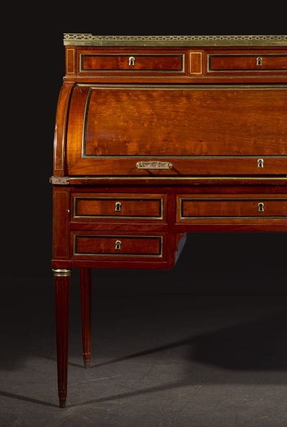 Mahogany cylinder-style secretary desk, blackened...
