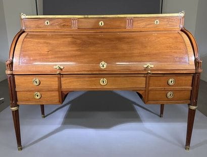 Mahogany cylinder-style secretary desk, blackened...