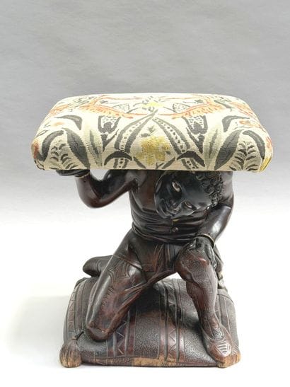 Rectangular, stained wooden stool with a...