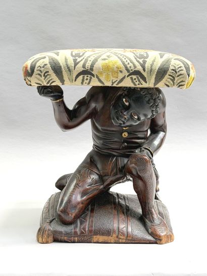 Rectangular, stained wooden stool with a...
