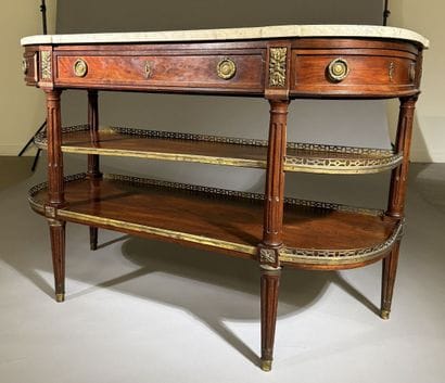 A pair of half-moon-shaped mahogany console...