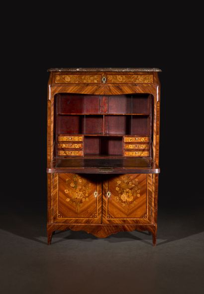 Wood veneer secretary desk opening via a...