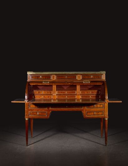 Mahogany cylinder-style secretary desk, blackened...