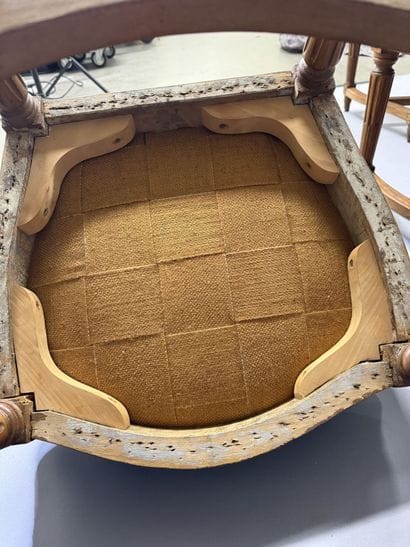Ten chairs in molded beech with rounded backs,...