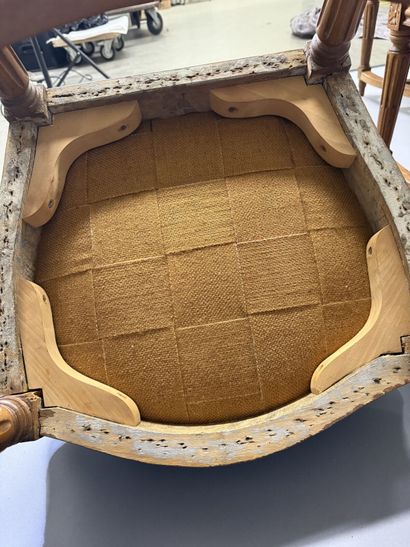 Ten chairs in molded beech with rounded backs,...