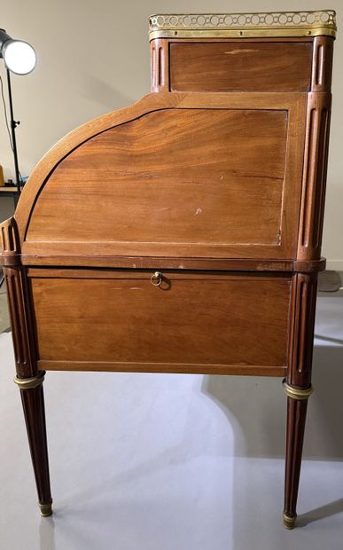 Mahogany cylinder-style secretary desk, blackened...