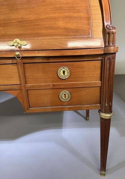 Mahogany cylinder-style secretary desk, blackened...