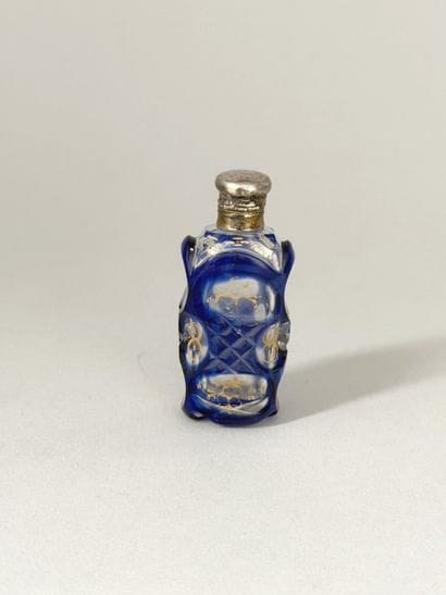 Blue-tinted glass salt bottle with gold enamel,...